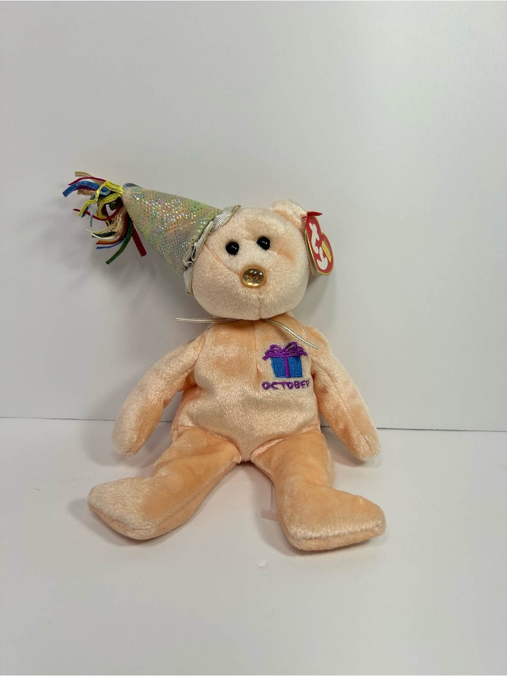 Ty Peach Plush Bear with Sparkle Party Hat